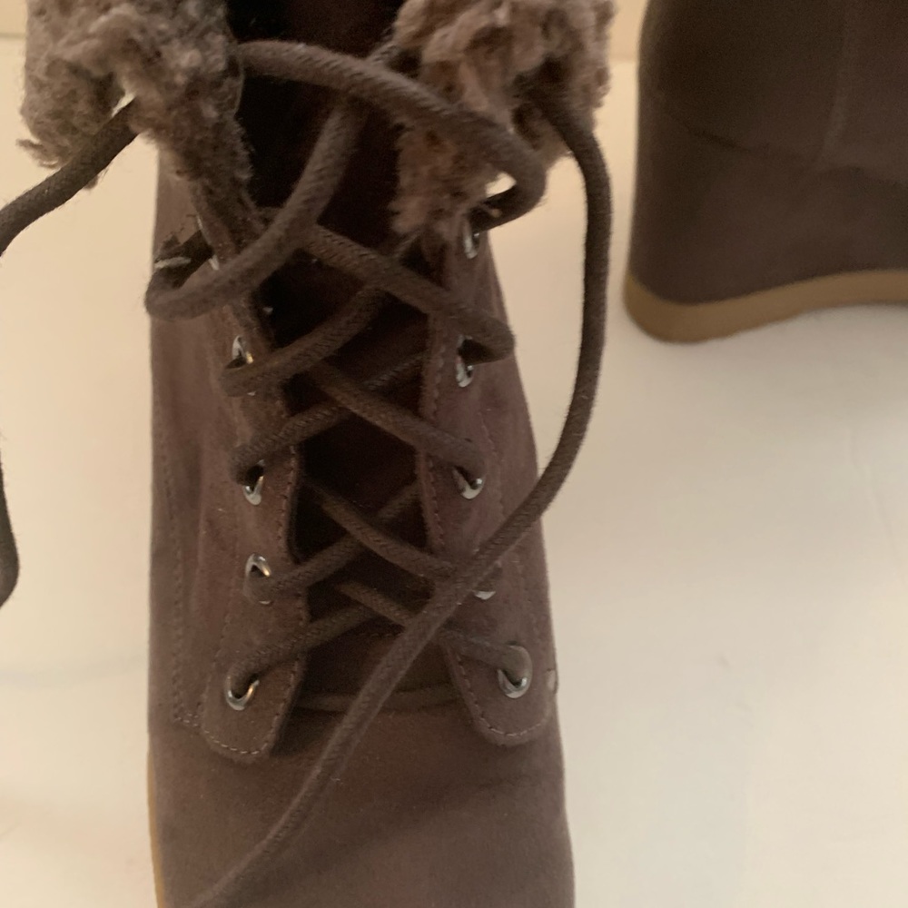 Faux suede wedge lace up ankle booties super cute